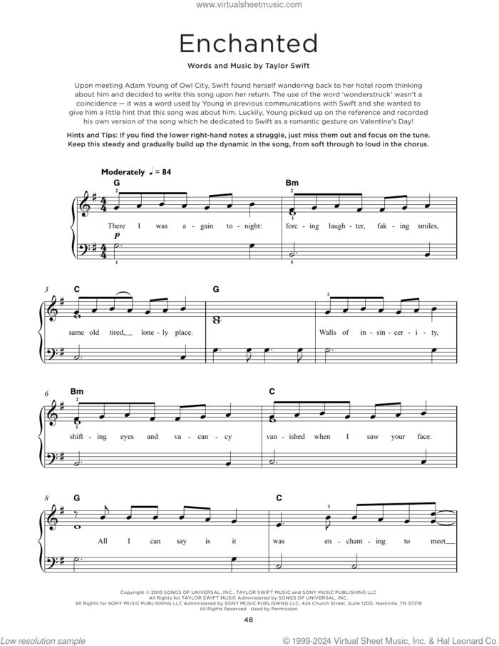 Enchanted, (beginner) sheet music for piano solo by Taylor Swift, beginner skill level