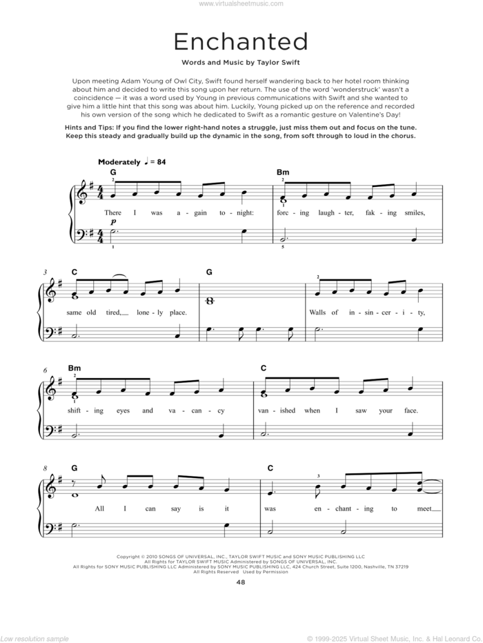 Enchanted, (beginner) sheet music for piano solo by Taylor Swift, beginner skill level