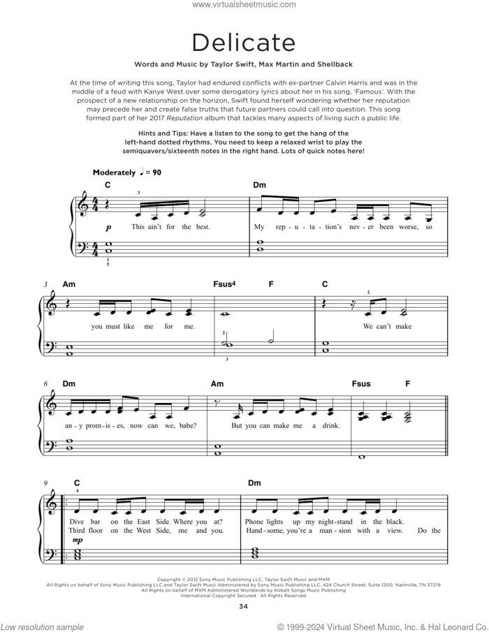 Delicate, (beginner) sheet music for piano solo by Taylor Swift, Max Martin and Shellback, beginner skill level