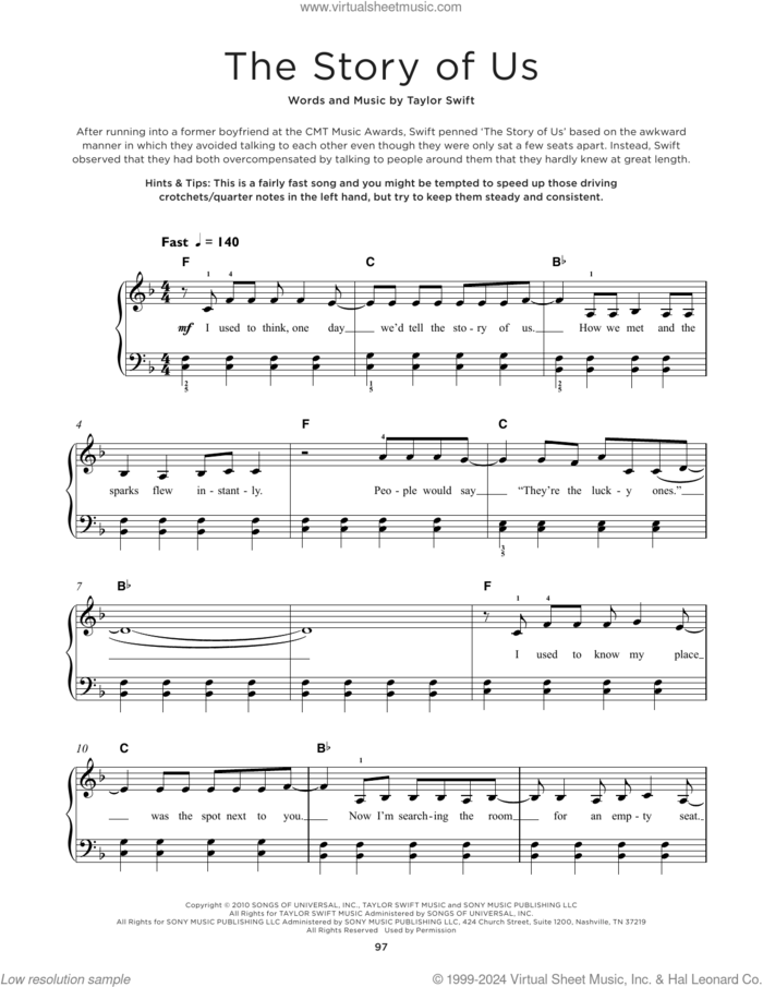 The Story Of Us, (beginner) sheet music for piano solo by Taylor Swift, beginner skill level