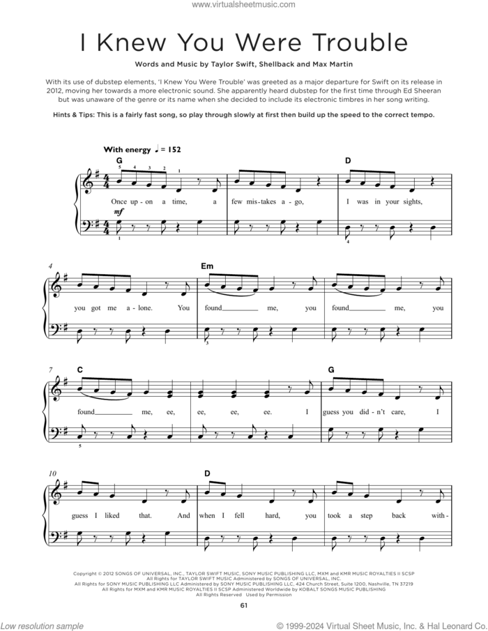 I Knew You Were Trouble sheet music for piano solo by Taylor Swift, Max Martin and Shellback, beginner skill level
