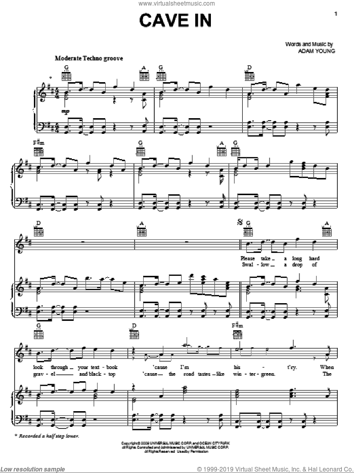 Cave In sheet music for voice, piano or guitar by Owl City and Adam Young, intermediate skill level