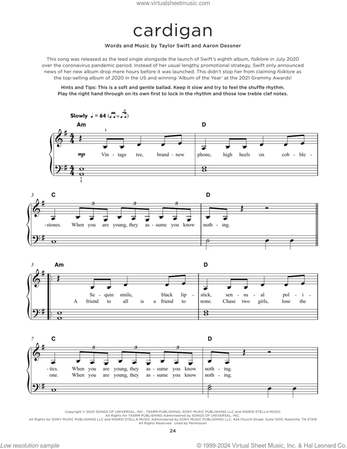 cardigan sheet music for piano solo by Taylor Swift and Aaron Dessner, beginner skill level