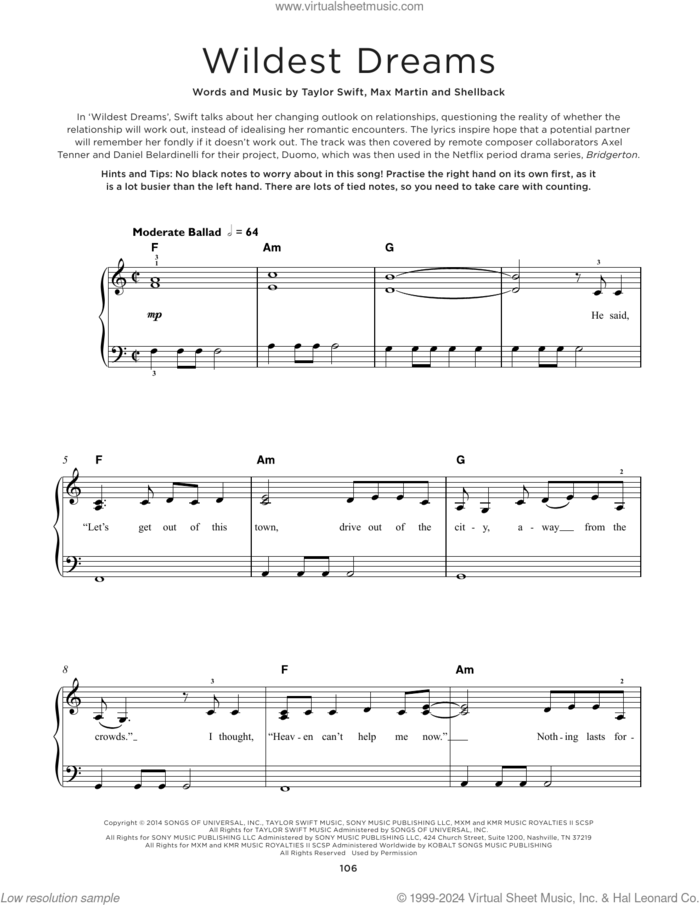 Wildest Dreams sheet music for piano solo by Taylor Swift, Johan Schuster, Max Martin and Shellback, beginner skill level