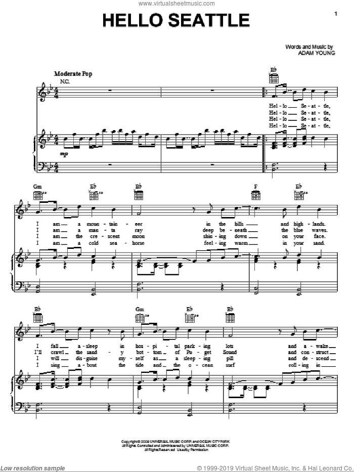 Hello Seattle sheet music for voice, piano or guitar by Owl City and Adam Young, intermediate skill level