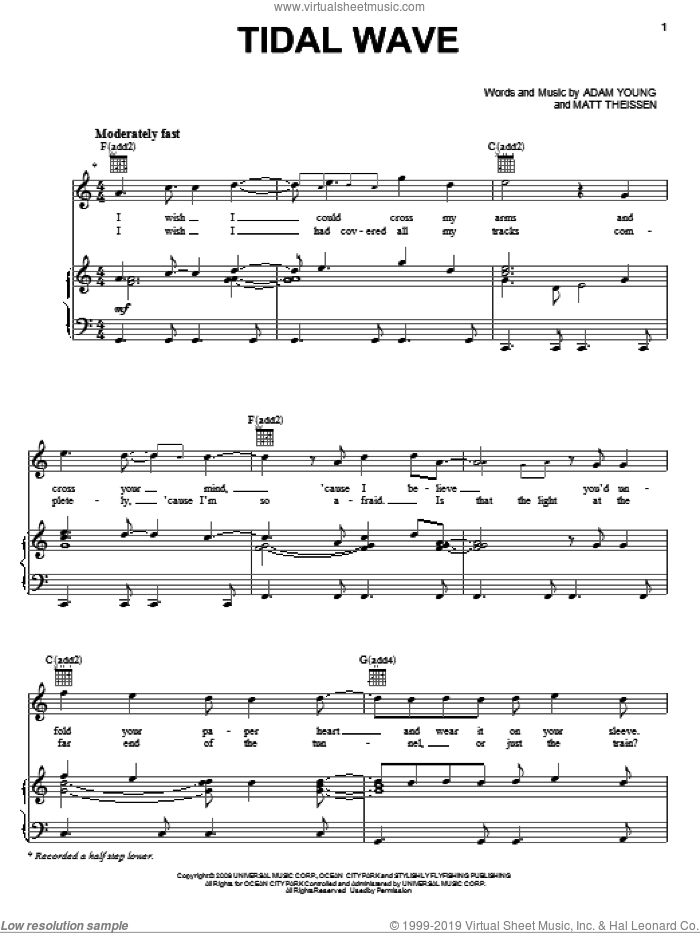Tidal Wave sheet music for voice, piano or guitar by Owl City, Adam Young and Matt Theissen, intermediate skill level