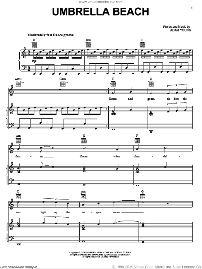 Umbrella Beach sheet music for voice, piano or guitar by Owl City and Adam Young, intermediate skill level