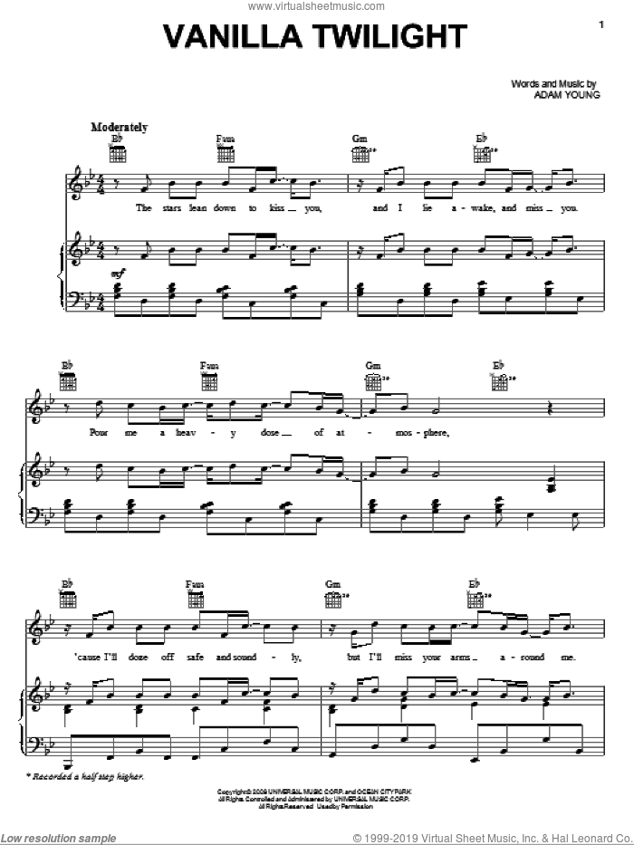 Vanilla Twilight sheet music for voice, piano or guitar by Owl City and Adam Young, intermediate skill level