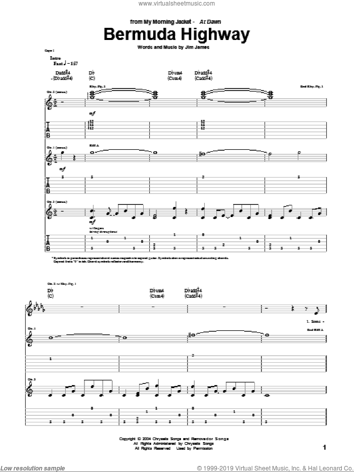 Bermuda Highway sheet music for guitar (tablature) by My Morning Jacket and Jim James, intermediate skill level