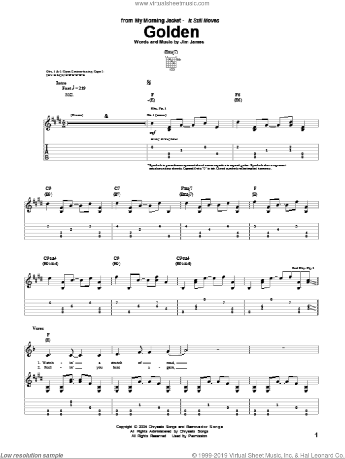 Golden sheet music for guitar (tablature) by My Morning Jacket and Jim James, intermediate skill level