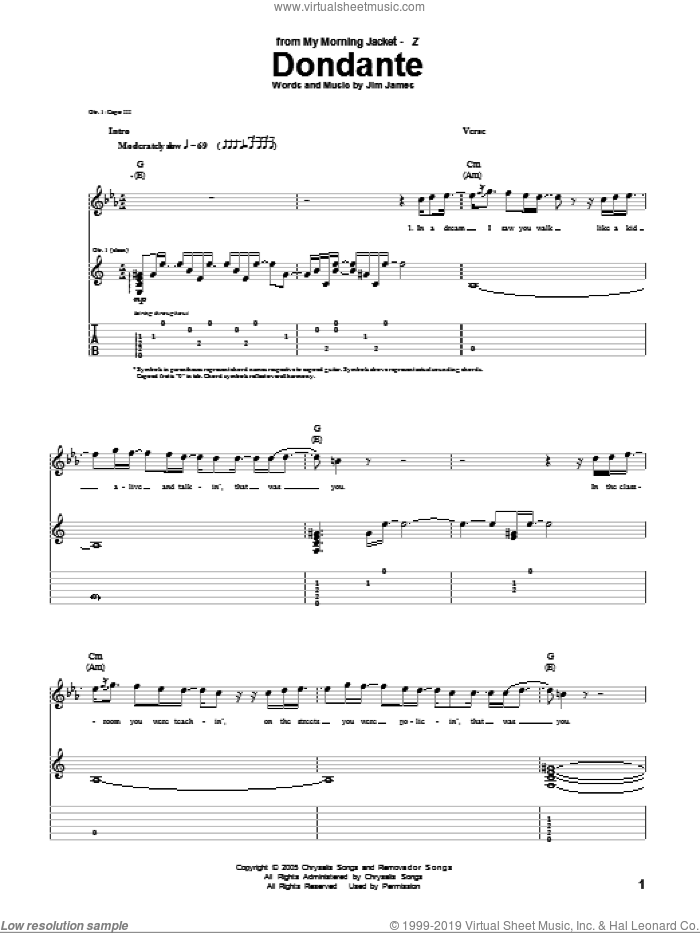 Dondante sheet music for guitar (tablature) by My Morning Jacket and Jim James, intermediate skill level