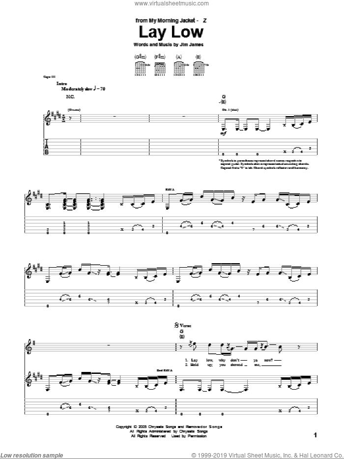 Lay Low sheet music for guitar (tablature) by My Morning Jacket and Jim James, intermediate skill level