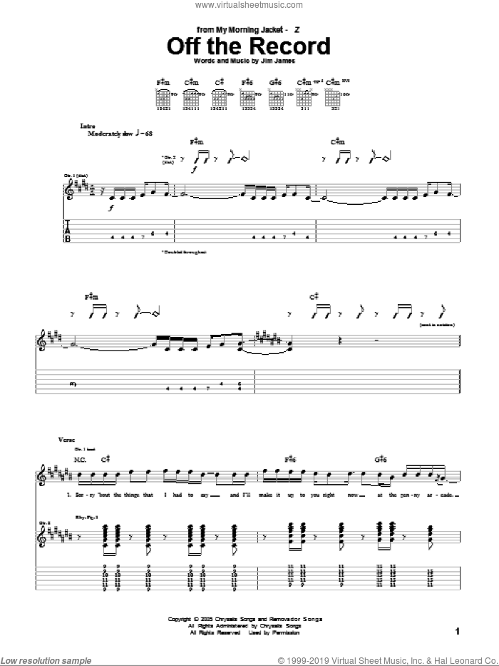 Off The Record sheet music for guitar (tablature) by My Morning Jacket and Jim James, intermediate skill level
