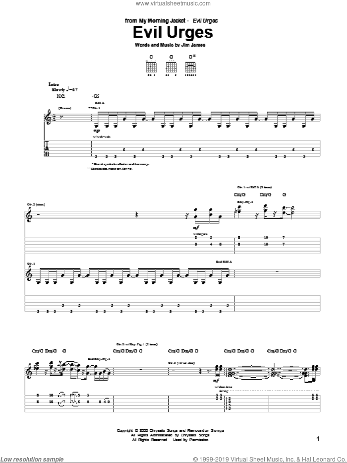 Evil Urges sheet music for guitar (tablature) by My Morning Jacket and Jim James, intermediate skill level