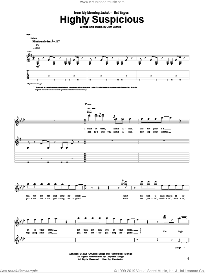 Highly Suspicious sheet music for guitar (tablature) by My Morning Jacket and Jim James, intermediate skill level