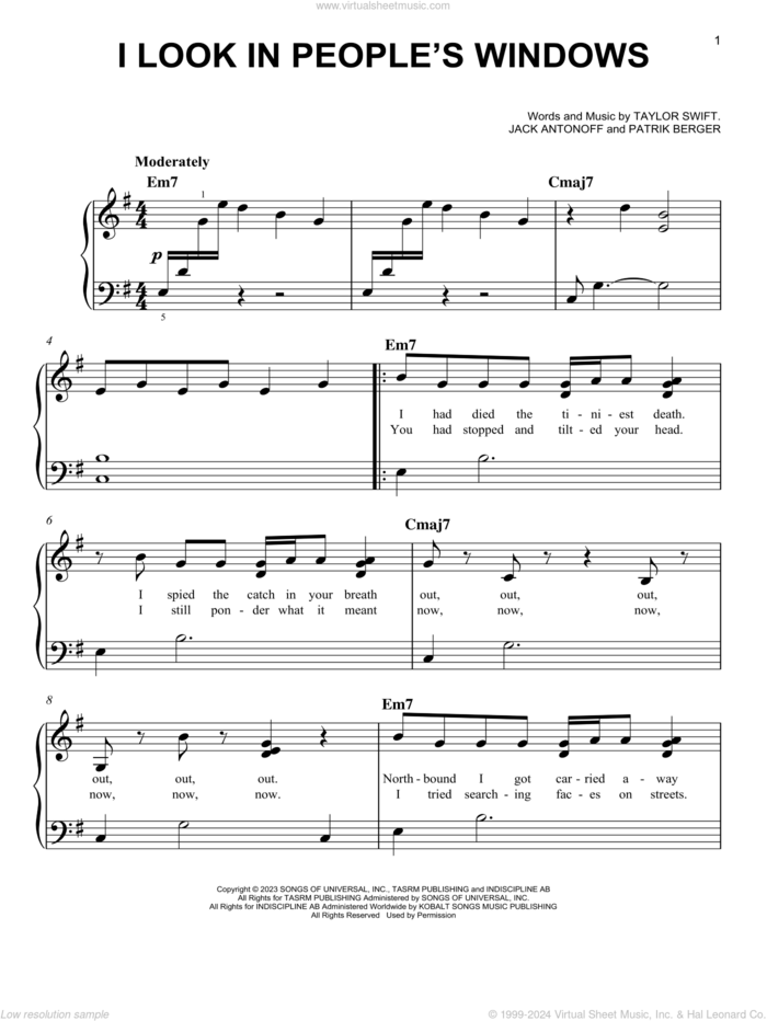 I Look in People's Windows sheet music for piano solo by Taylor Swift, Jack Antonoff and Patrik Berger, easy skill level