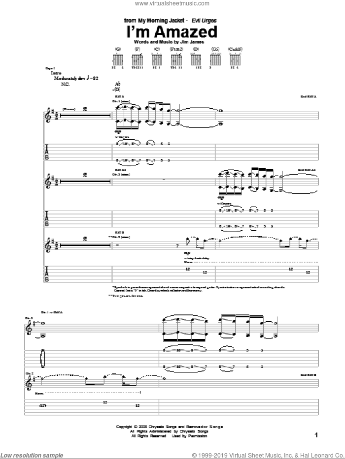 I'm Amazed sheet music for guitar (tablature) by My Morning Jacket and Jim James, intermediate skill level