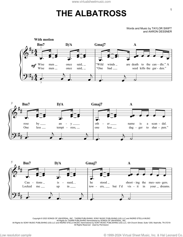 The Albatross sheet music for piano solo by Taylor Swift and Aaron Dessner, easy skill level
