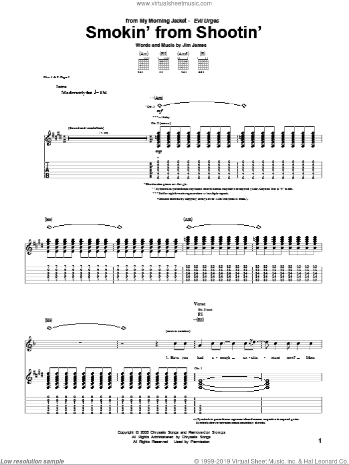 Smokin' From Shootin' sheet music for guitar (tablature) by My Morning Jacket and Jim James, intermediate skill level