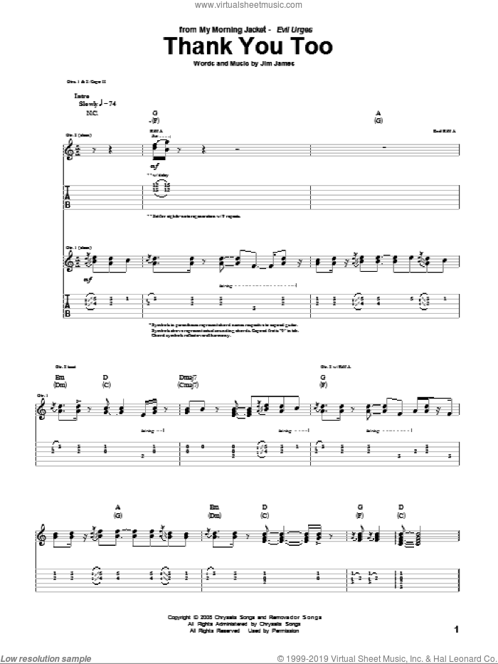 Thank You Too sheet music for guitar (tablature) by My Morning Jacket and Jim James, intermediate skill level