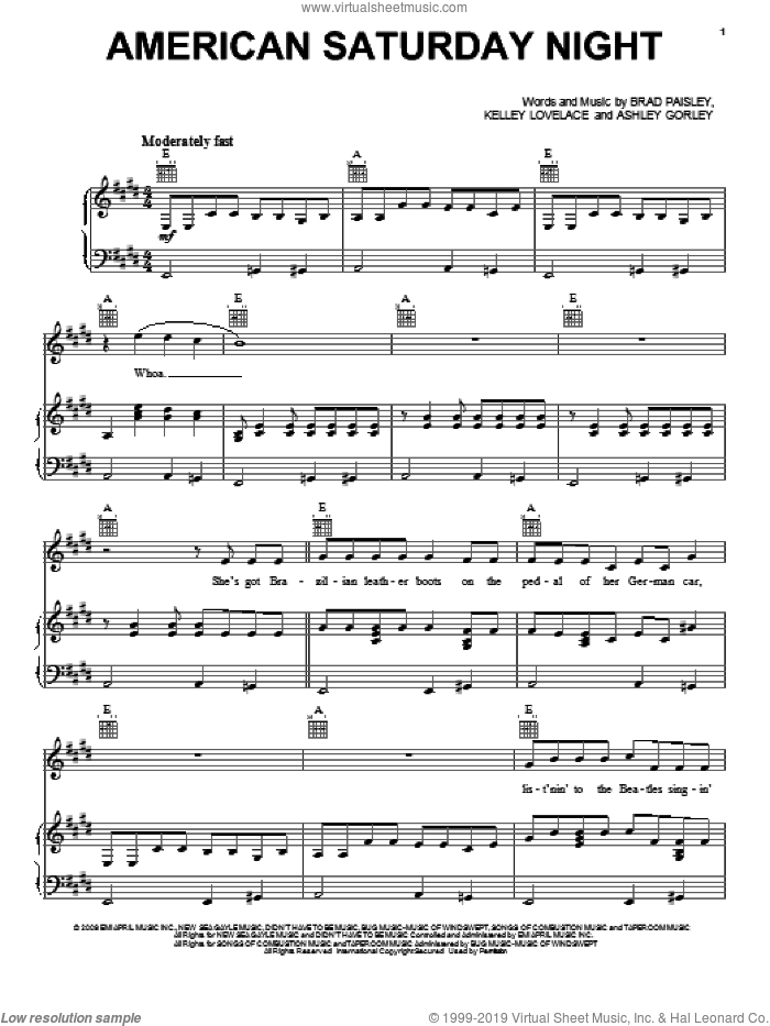 American Saturday Night sheet music for voice, piano or guitar by Brad Paisley, Ashley Gorley and Kelley Lovelace, intermediate skill level