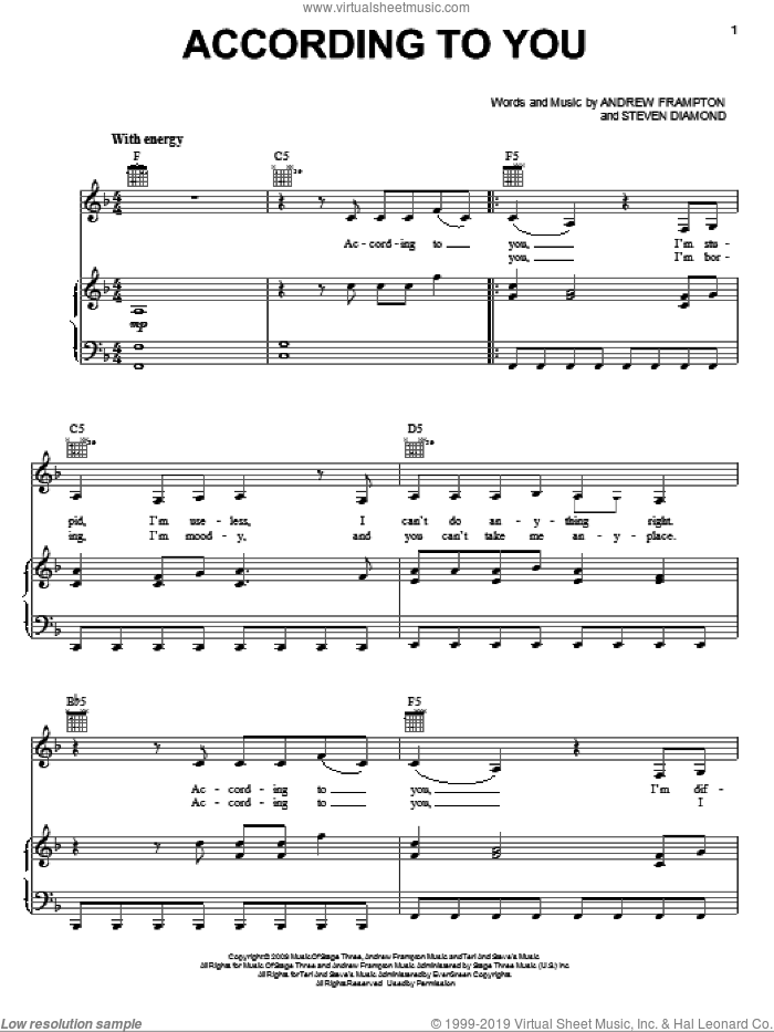 According To You sheet music for voice, piano or guitar by Orianthi, Andrew Frampton and Steve Diamond, intermediate skill level