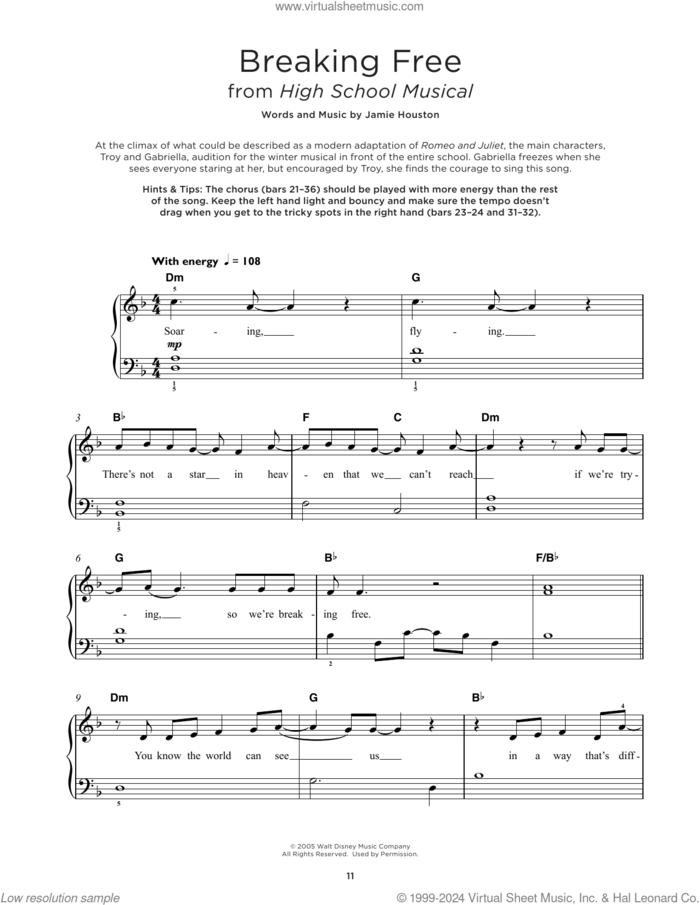 Breaking Free (from High School Musical), (beginner) (from High School Musical) sheet music for piano solo by Jamie Houston and Zac Efron and Vanessa Anne Hudgens, beginner skill level