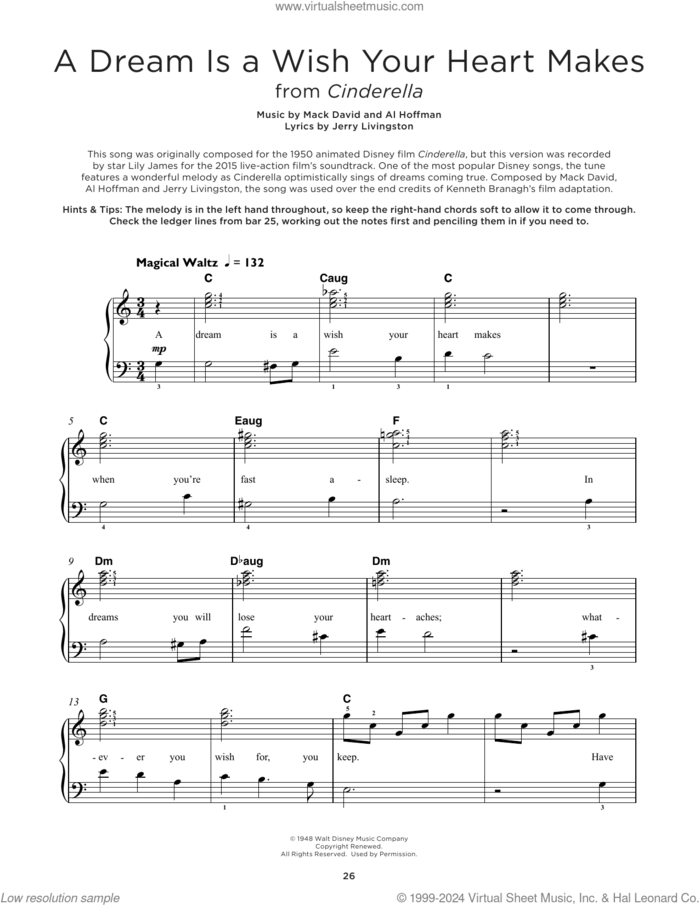 A Dream Is A Wish Your Heart Makes (from Cinderella), (beginner) (from Cinderella) sheet music for piano solo by Ilene Woods, Al Hoffman, Jerry Livingston and Mack David, beginner skill level