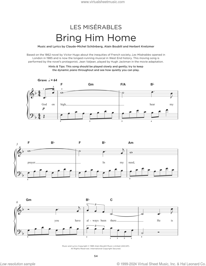Bring Him Home (from Les Miserables), (beginner) sheet music for piano solo by Alain Boublil, Boublil & Schonberg, Claude-Michel Schonberg and Herbert Kretzmer, beginner skill level
