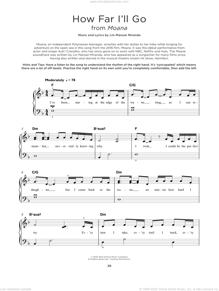 How Far I'll Go (from Moana) sheet music for piano solo by Lin-Manuel Miranda and Alessia Cara, beginner skill level