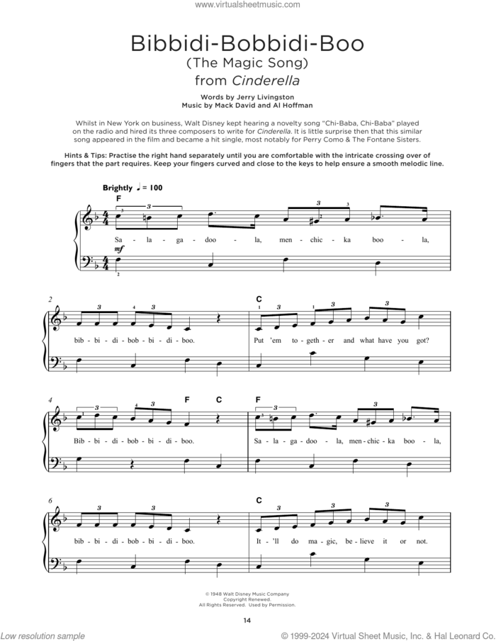 Bibbidi-Bobbidi-Boo (The Magic Song) (from Cinderella), (beginner) (The Magic Song) sheet music for piano solo by Verna Felton, Al Hoffman, Jerry Livingston and Mack David, beginner skill level