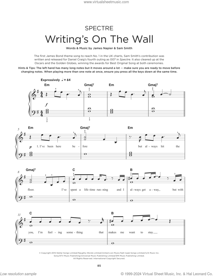 Writing's On The Wall sheet music for piano solo by Sam Smith and James Napier, beginner skill level