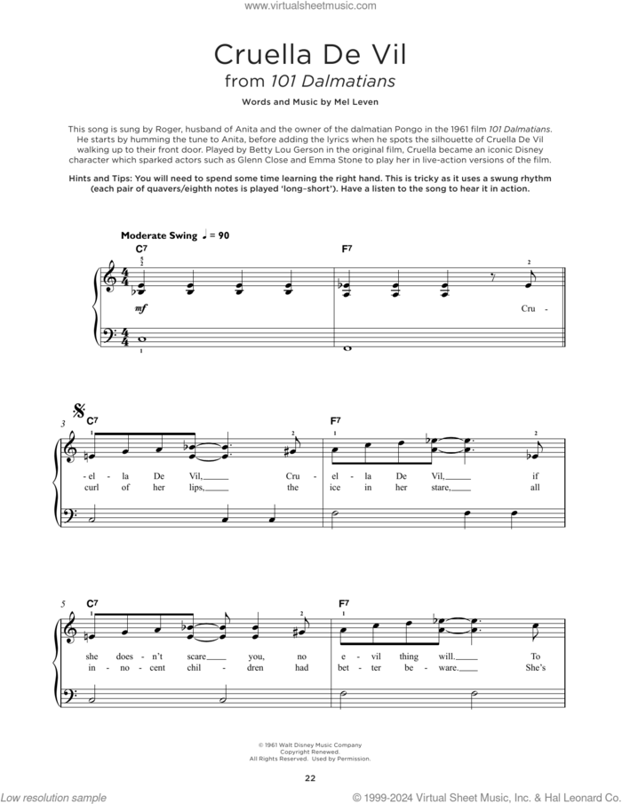 Cruella De Vil (from 101 Dalmatians) sheet music for piano solo by Mel Leven, beginner skill level