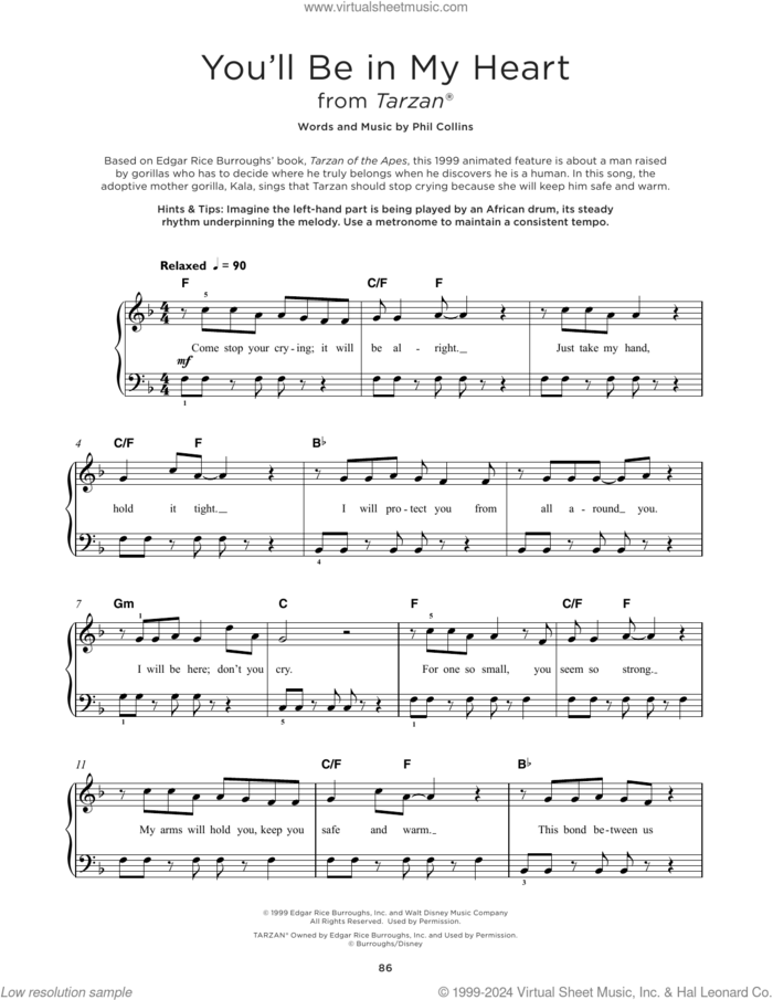 You'll Be In My Heart (from Tarzan) sheet music for piano solo by Phil Collins, beginner skill level