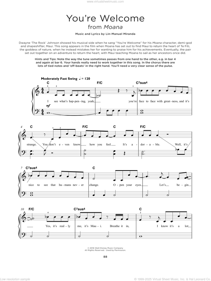 You're Welcome (from Moana) sheet music for piano solo by Lin-Manuel Miranda, beginner skill level