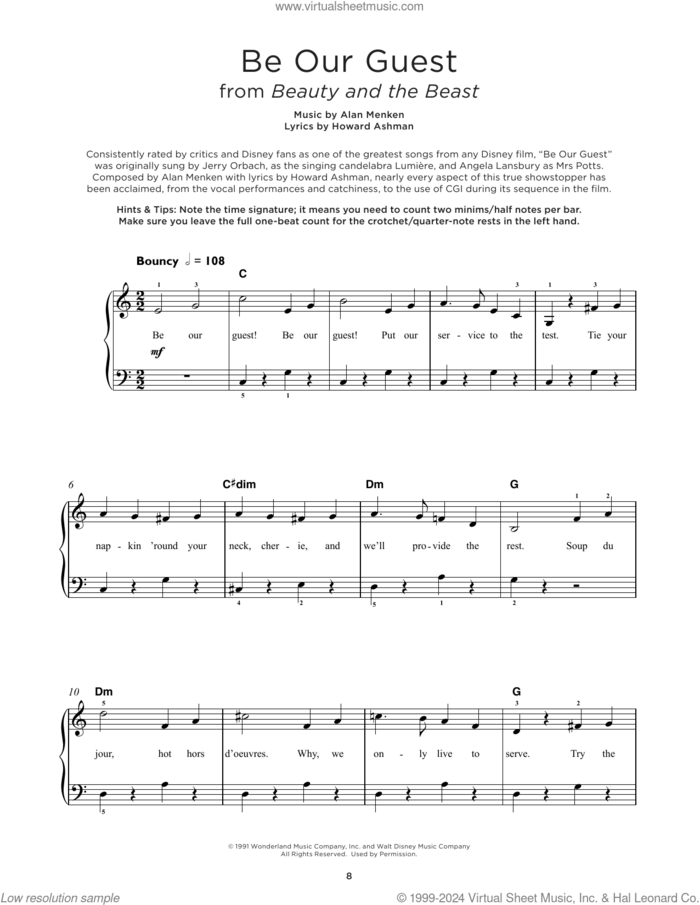 Be Our Guest (from Beauty And The Beast), (beginner) (from Beauty And The Beast) sheet music for piano solo by Alan Menken, Alan Menken & Howard Ashman and Howard Ashman, beginner skill level