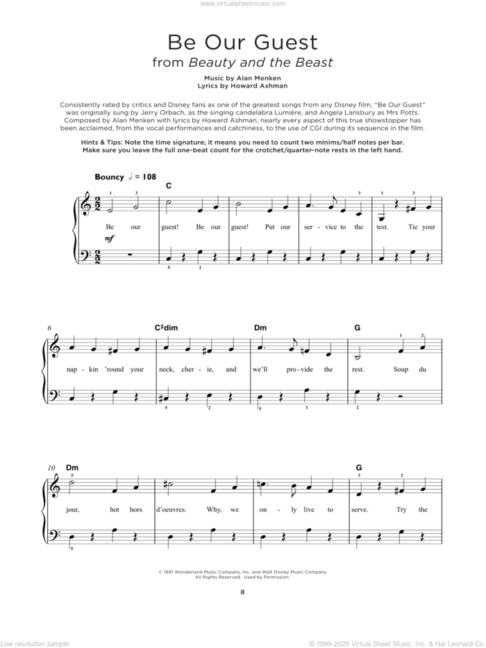 Be Our Guest (from Beauty And The Beast), (beginner) (from Beauty And The Beast) sheet music for piano solo by Alan Menken, Alan Menken & Howard Ashman and Howard Ashman, beginner skill level