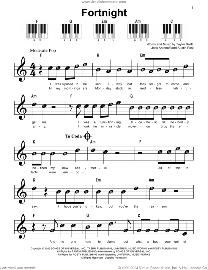 Fortnight (feat. Post Malone), (beginner) sheet music for piano solo by Taylor Swift, Austin Post and Jack Antonoff, beginner skill level