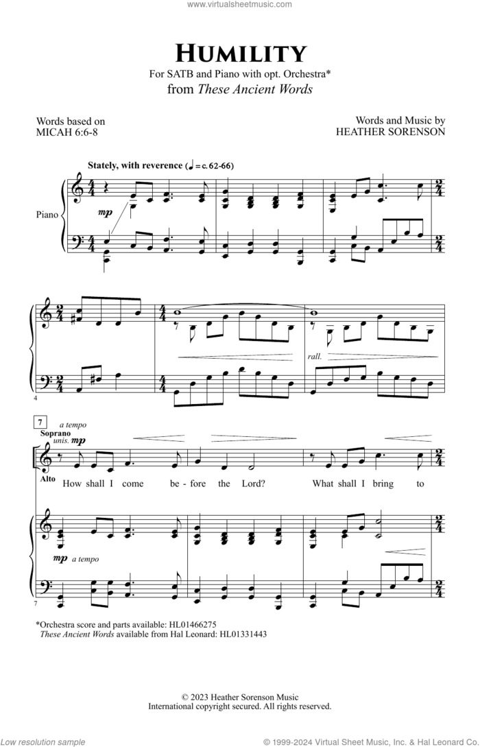 Humility sheet music for choir (SATB: soprano, alto, tenor, bass) by Heather Sorenson and Miscellaneous, intermediate skill level