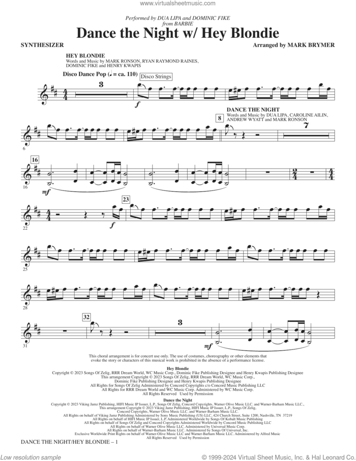 Dance The Night (with 'Hey Blondie') (arr. Mark Brymer) sheet music for orchestra/band (synthesizer) by Dua Lipa and Dominic Fike, Mark Brymer, Andrew Wyatt Blakemore, Caroline Ailin, Dua Lipa and Mark Ronson, intermediate skill level