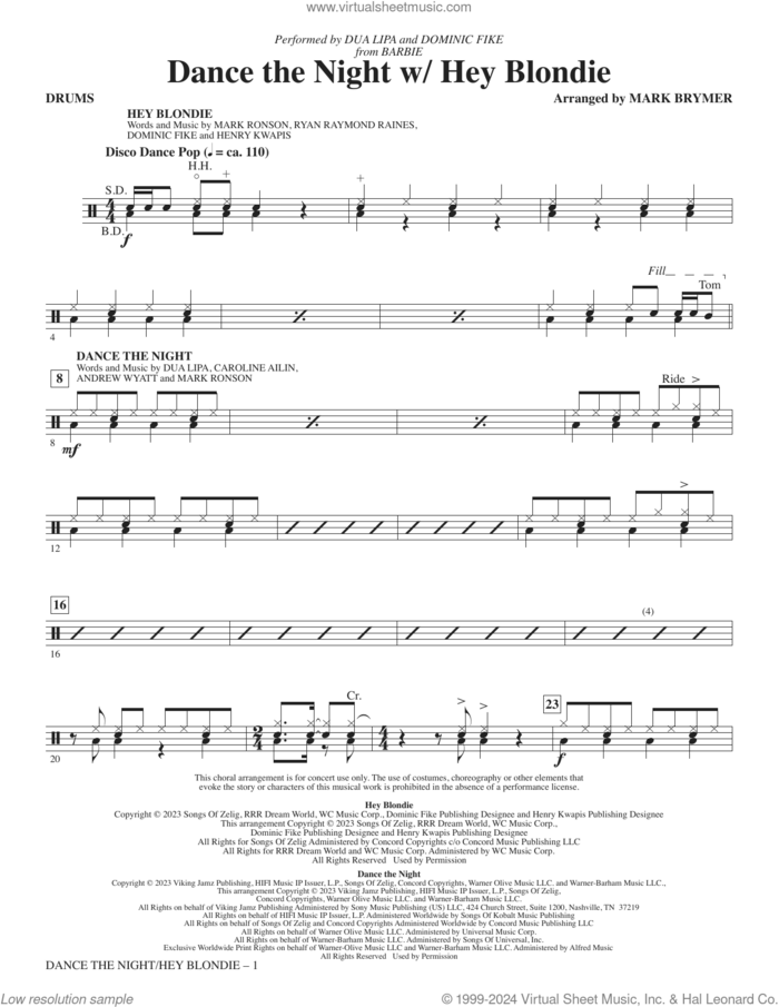 Dance The Night (with 'Hey Blondie') (arr. Mark Brymer) sheet music for orchestra/band (drums) by Dua Lipa and Dominic Fike, Mark Brymer, Andrew Wyatt Blakemore, Caroline Ailin, Dua Lipa and Mark Ronson, intermediate skill level