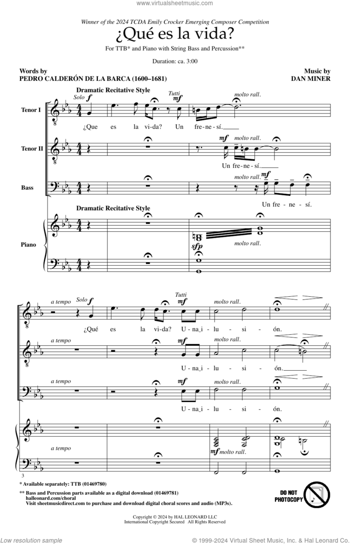 AQue Es La Vida? sheet music for choir (TTBBB) by Dan Miner and Pedro Calderon, intermediate skill level