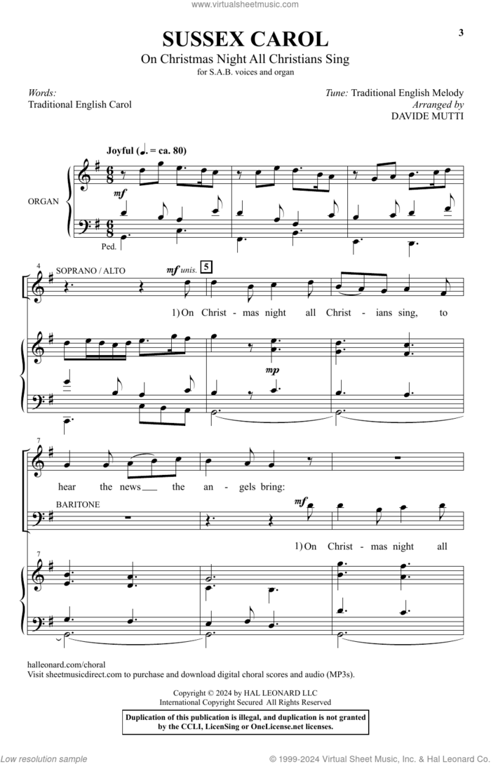 Sussex Carol (On Christmas Night All Christians Sing) (arr. Davide Mutti) sheet music for choir (SAB: soprano, alto, bass) by English Traditional Carol and Davide Mutti, intermediate skill level