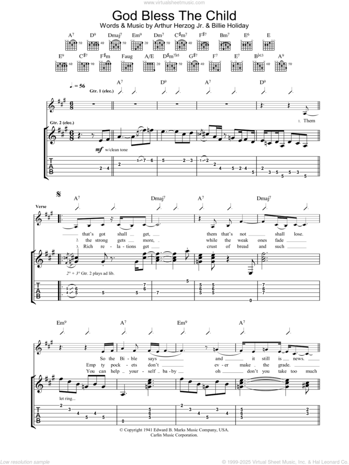 God Bless The Child sheet music for guitar (tablature) by Eva Cassidy and Miscellaneous, intermediate skill level