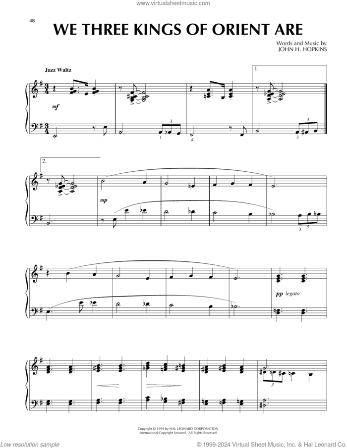 We Three Kings Of Orient Are [Jazz version] (arr. Frank Mantooth) sheet music for piano solo by John H. Hopkins, Jr. and Frank Mantooth, intermediate skill level