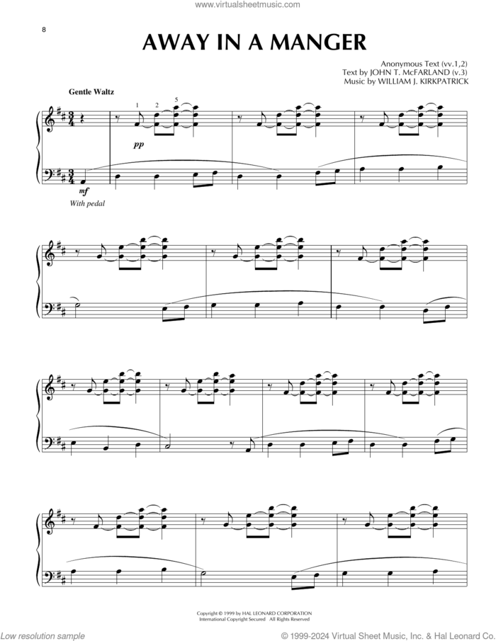 Away In A Manger [Jazz version] (arr. Frank Mantooth) sheet music for piano solo , Frank Mantooth, John T. McFarland (v.3) and William J. Kirkpatrick, intermediate skill level