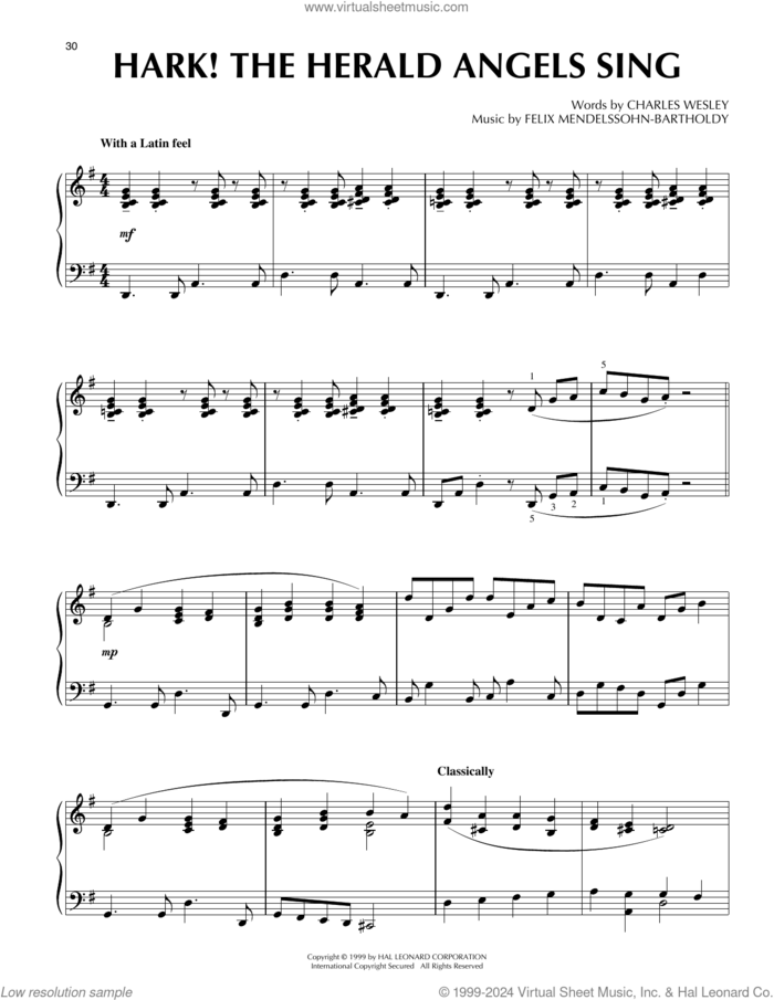 Hark! The Herald Angels Sing [Jazz version] (arr. Frank Mantooth) sheet music for piano solo by Felix Mendelssohn-Bartholdy, Frank Mantooth, Charles Wesley, George Whitefield and William H. Cummings, intermediate skill level