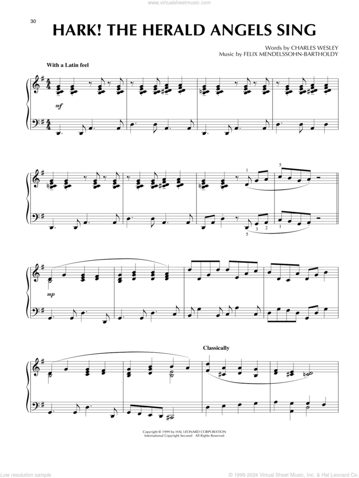 Hark! The Herald Angels Sing [Jazz version] (arr. Frank Mantooth) sheet music for piano solo by Felix Mendelssohn-Bartholdy, Frank Mantooth, Charles Wesley, George Whitefield and William H. Cummings, intermediate skill level