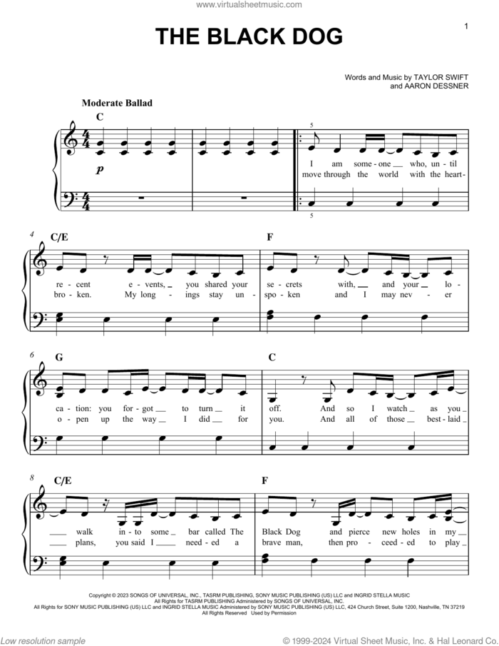 The Black Dog sheet music for piano solo by Taylor Swift, easy skill level