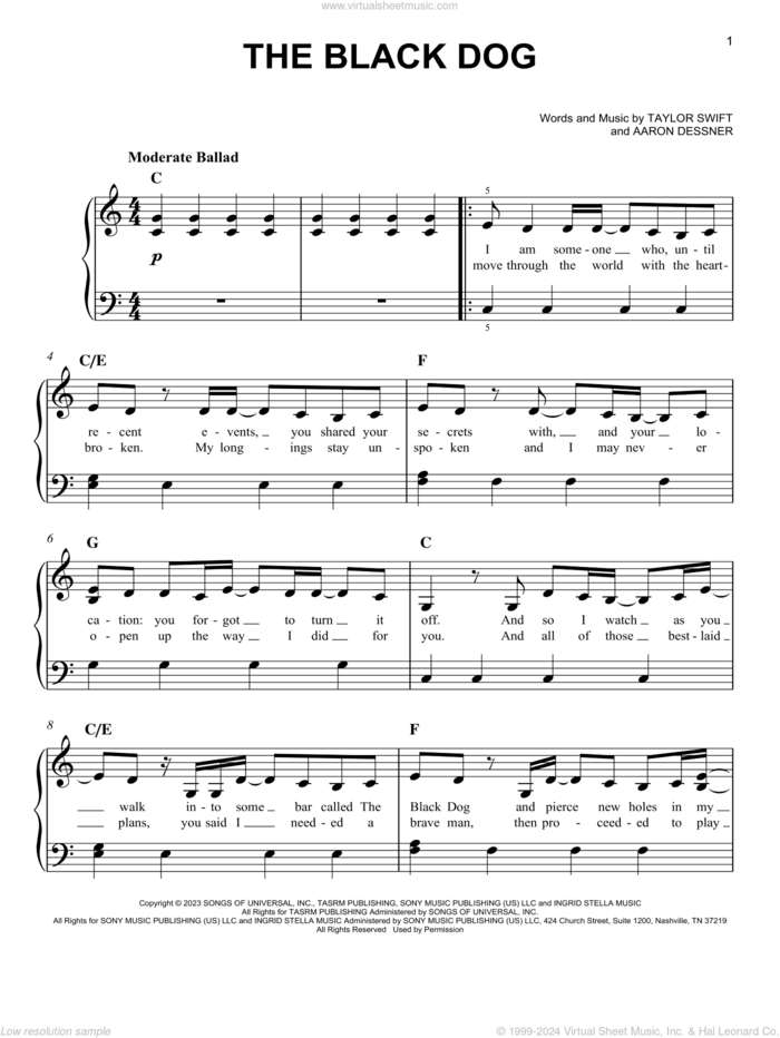 The Black Dog sheet music for piano solo by Taylor Swift, easy skill level